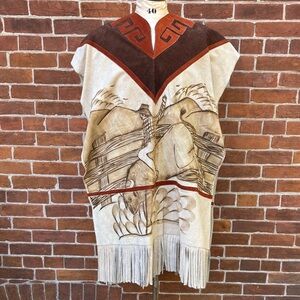 Vintage Hand-Painted Suede Poncho with Fringe and Western Horse Cowboy Design